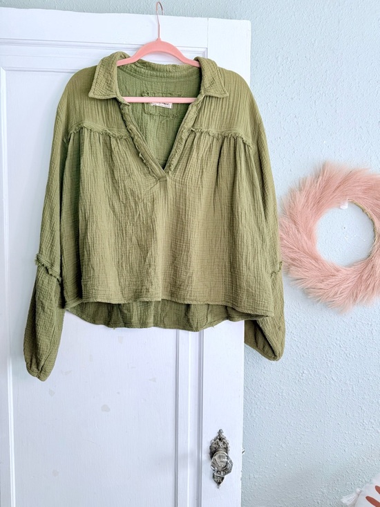 We The Free Tops - We The Free Olive Green Gauze V-Neck Tunic